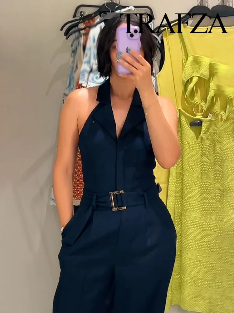 

TRAFZA Female Autumn Fashion Single-Breasted Turn-Down Collar Belt Decoration Sleeveless Jumpsuits Woman Sexy Backless Jumpsuit