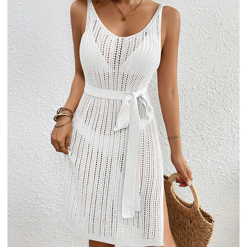 Knitting Sexy Hollow Lace Up Halter Beachwear Cover-Up Elegant Texture Side Slit Tunic Dress Damska plażowa sukienka przeciwsłoneczna na ramiączkach