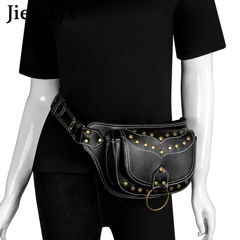 JIEROTYX Leather Studded Women Waist Bag Punk Fanny Waist Packs Travel Crossbody Bag Sling Chest Bags Phone Pouch Fashion Rivet