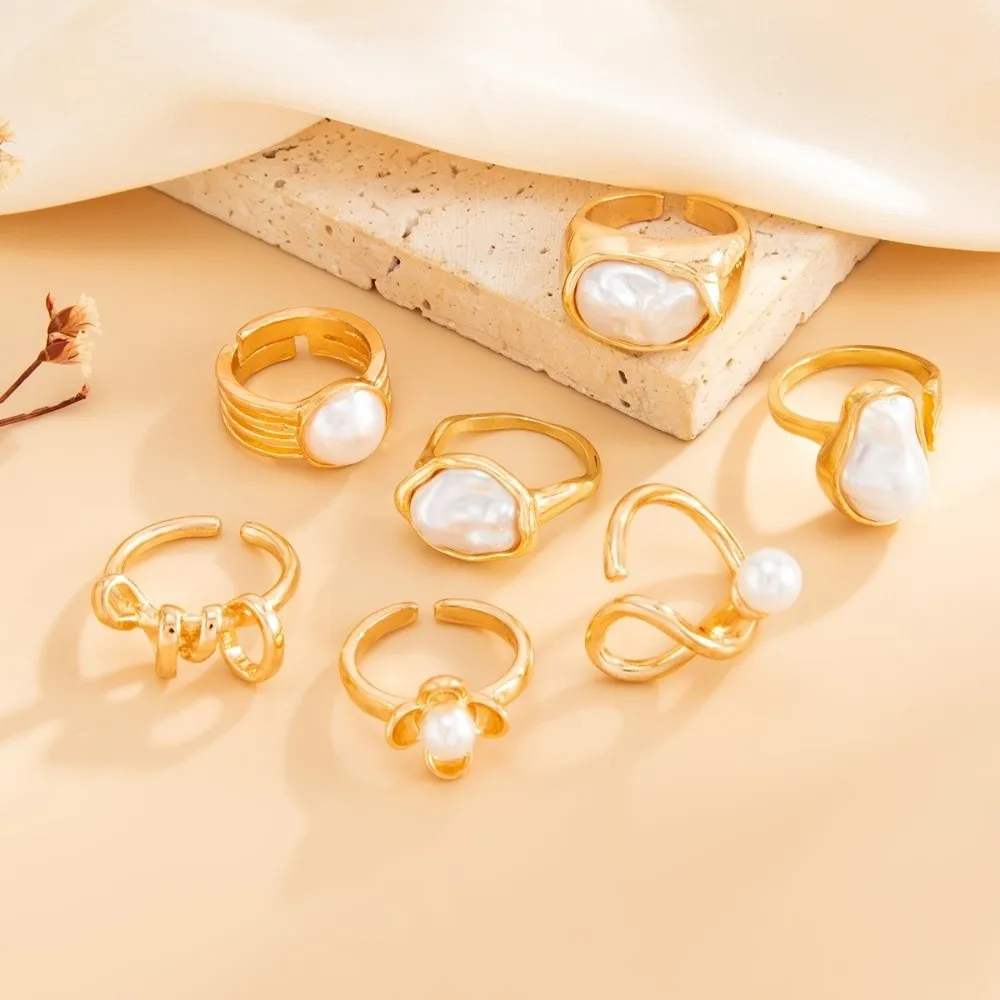 Baroque Imitate Pearl Ring Set Flower Outline Ins Sweet Cool Tone Metal Ornament Multi Stack Layout Geometric Mold