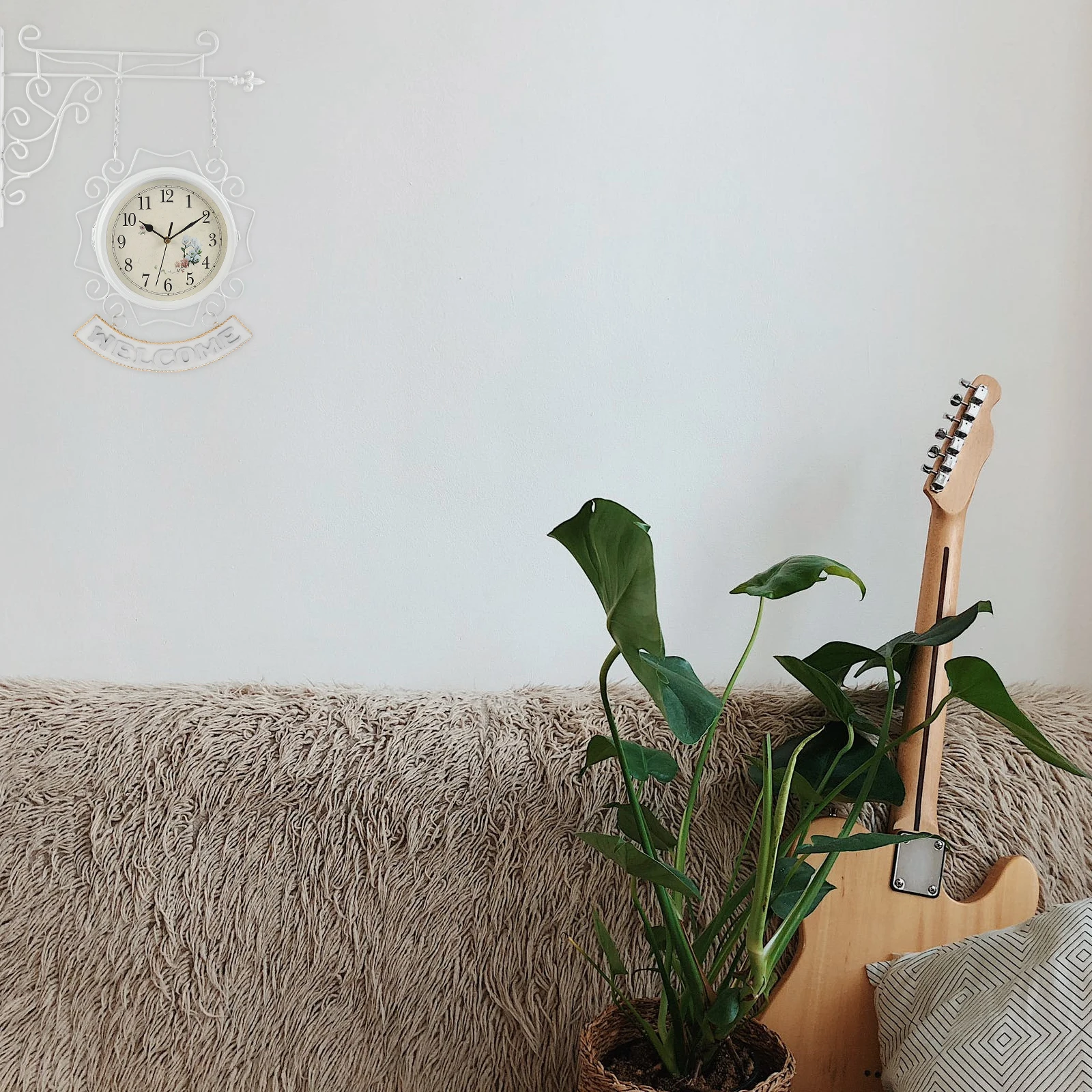 

Double Sided Wall Clock White Retro Hanging for Office Silent Ironwork European Style Decorative Clock