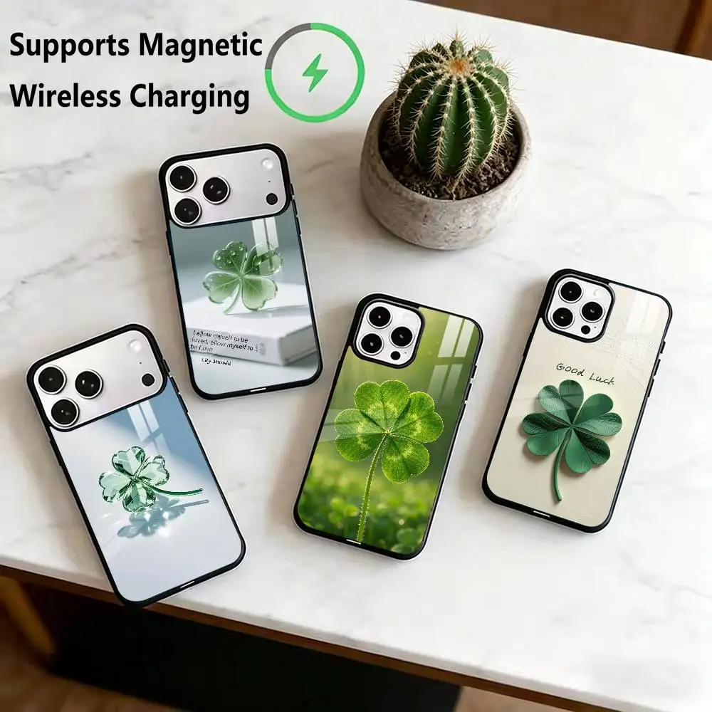 Luck Four-leaf Clover Phone Case For iPhone17,16,15,14,13,12,11 Plus,Pro Allows magnetic wireless charging