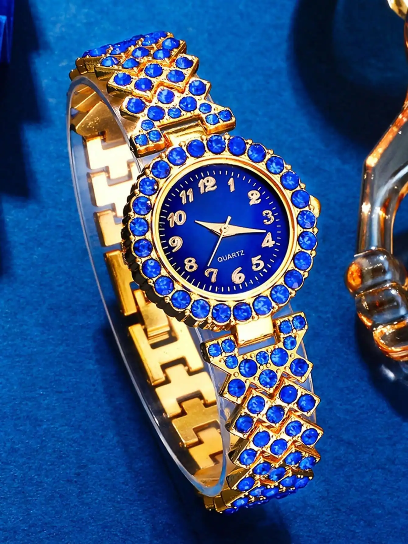 

6 шт./компл.-женские часы, простые и модные, роскошные, синие, со стразами, цифровые женские часы-браслет из сплава, набор синих браслетов из сплава