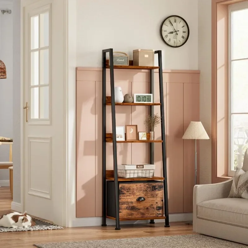 

Ladder Bookshelf with Removable Drawer, Rustic Bookcase Storage Rack Organizer