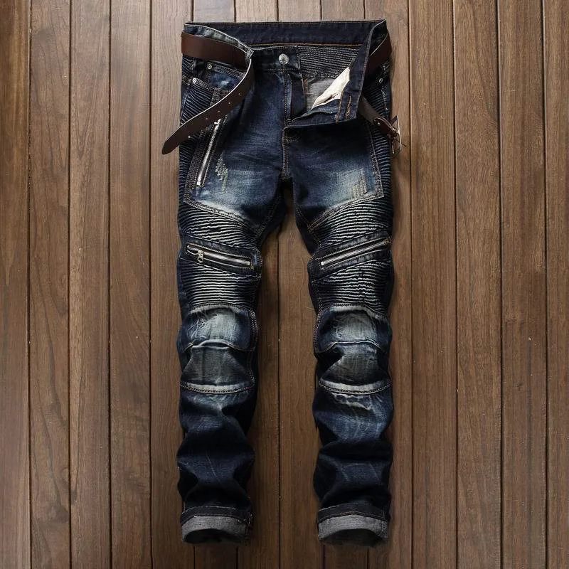 

Men'S Bike Jeans Fashionable Hip Hop Straight Fit, Slim Fit, Punk Cotton Motorcycle Jeans Casual Elastic Pants