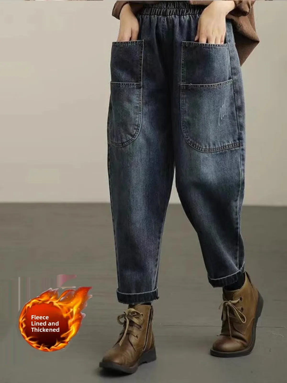 

Thiened Fce Retro Denim Jeans Women Loose Slim Dad Casual Autumn Winter Harem Pants Loose Fit Cotton Stretch Jeans