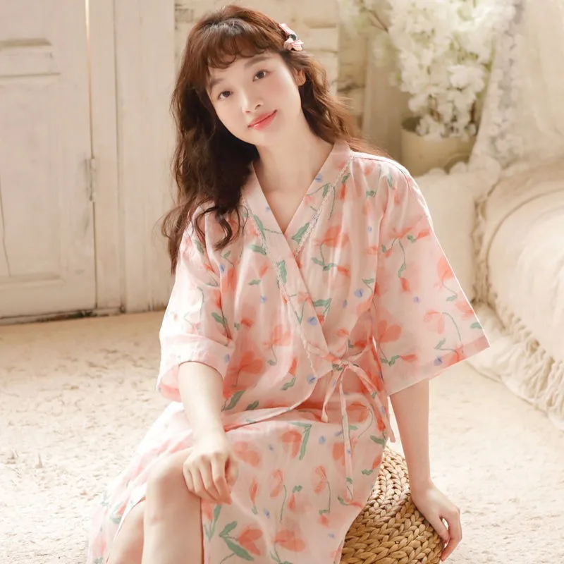 Japanese Pajamas Thin Skirts with Straps Bathrobes Sleepwear Women\'s Summer Homewear Summer Bathrobes Short Sleeves Loungewear