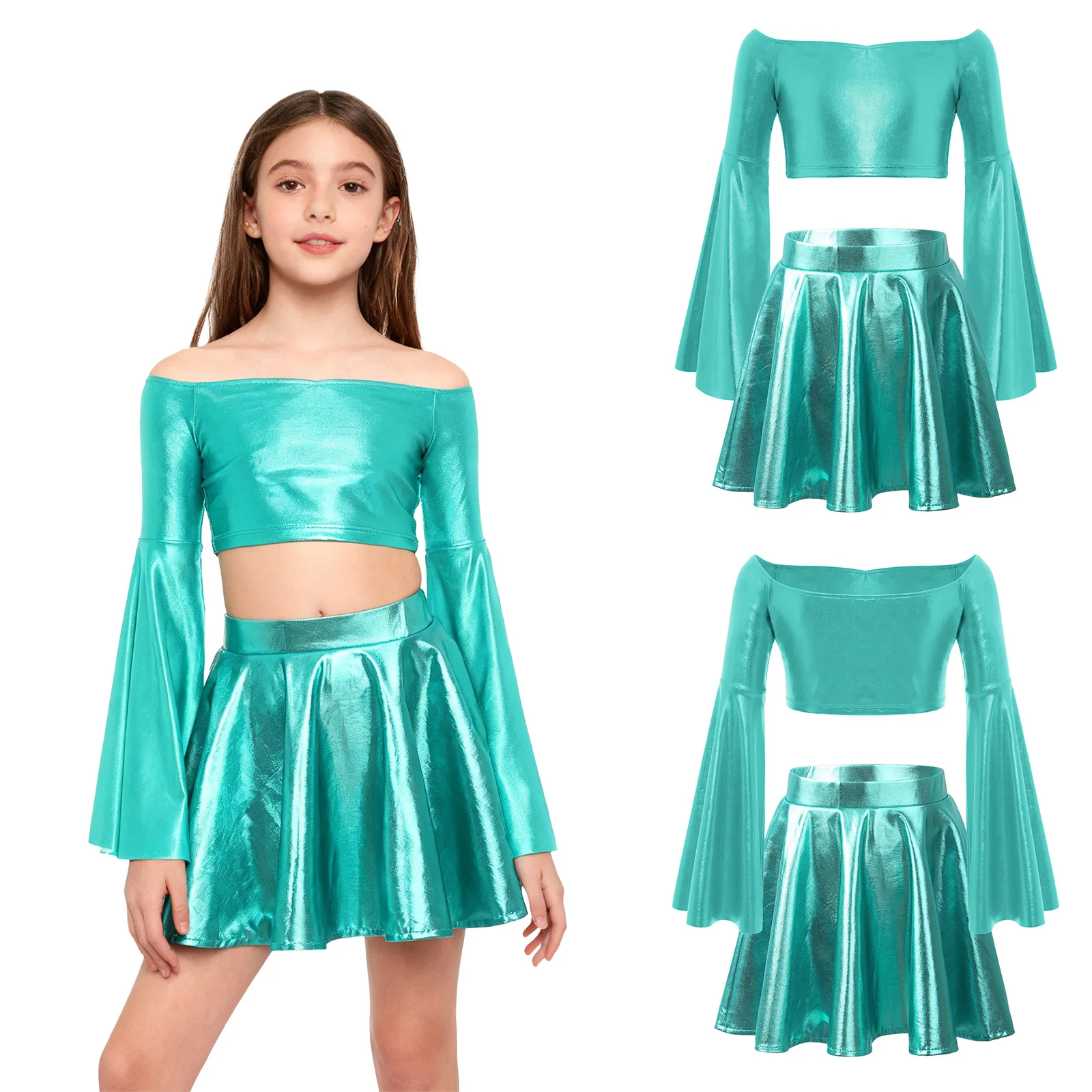 

Kids Girls Jazz Hip Hop Dance Costume Long Flared Sleeve Metallic Dance Crop Tops with Skirt for Lyrical Belly Dance Wear