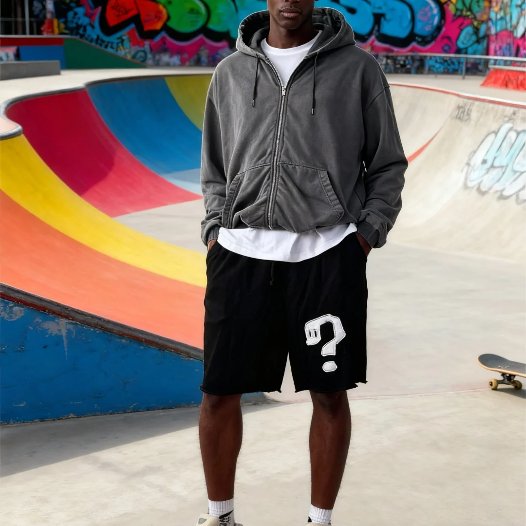 Paar sportbroeken met vraagtekenborduurwerk Vintage hiphop casual shorts met trekkoord voor heren en dames streetwear