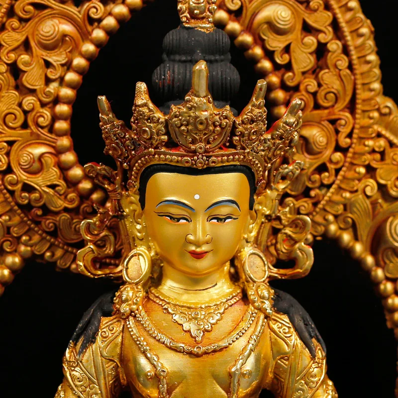 Tibetan-style fully gilded copper statue of a long-armed Buddha with a halo, suitable home worship and as an ornament for th