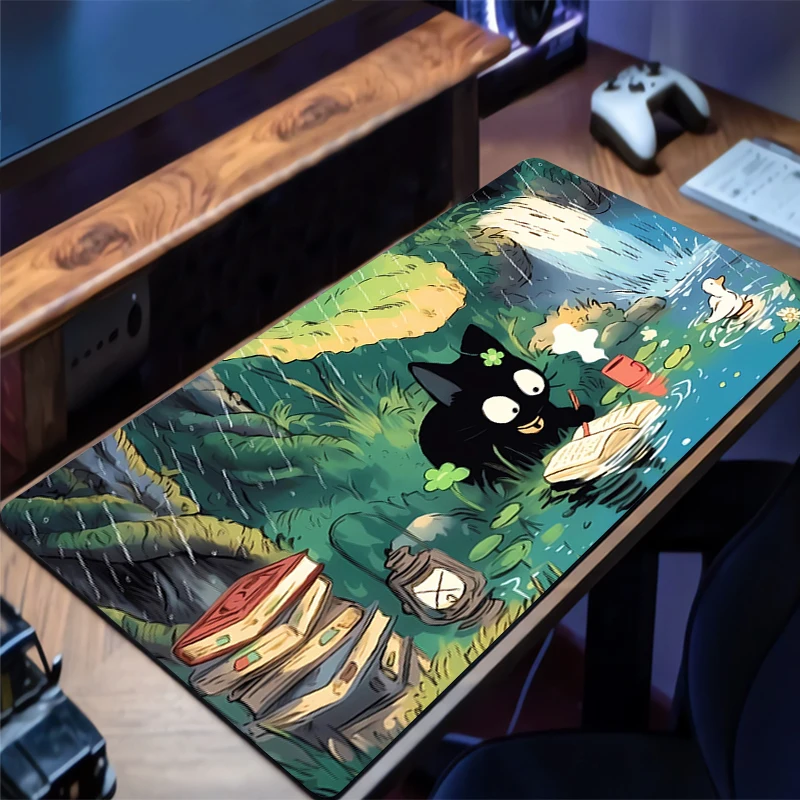 

Mouse Pad Anime Black Cat Extended Mouse Mat Computer Keyboard Pad Green Plants Desktop Mat with Non-Slip Base and Stitched Edge