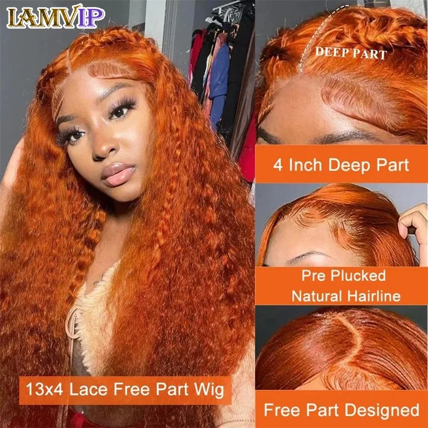 Perruque Lace Front Wig sans colle naturelle bouclée, cheveux humains, Deep Wave, HD, 13x4, 13x6, orange, vidéo, en vente