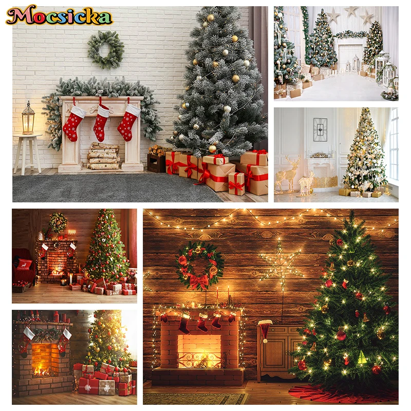 

Mocsicka Christmas Decoration Photography Background Xmas Tree Shine Lamp Star Deer Fireplace Gifts Wreath Photo Backdrop Props