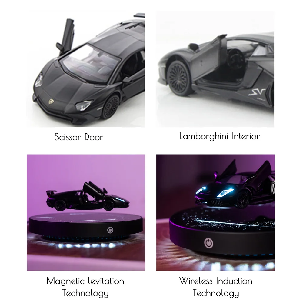 Carro magnético flutuante fundido, luzes led deslumbrantes, escala 1:36, ornamento de mesa, modelo de carro, brinquedo de levitação magnética deslumbrante