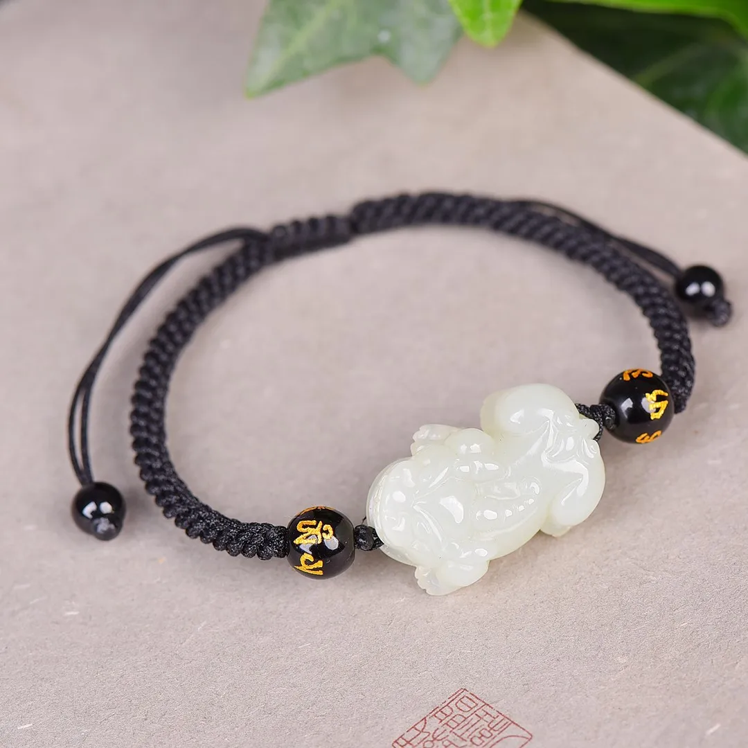 Natural Nephrite Hetian Jade Pixiu Bracelet Fengshui Charms Adjustable Woven Drawstring Bracelets Men Women Lucky Amulet Gifts