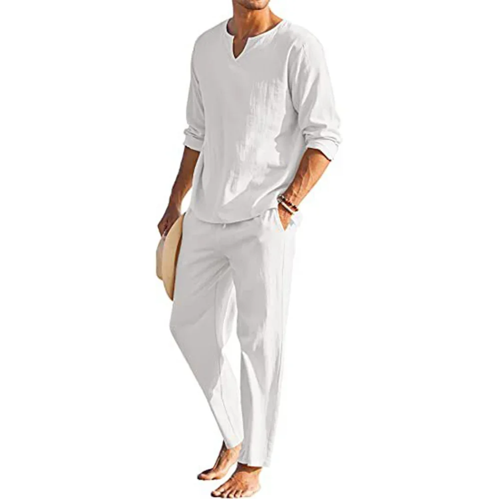 Ensemble deux pièces en coton et lin pour hommes, décontracté, ample, col en V, manches longues, hauts et pantalons, vêtements de plage, été