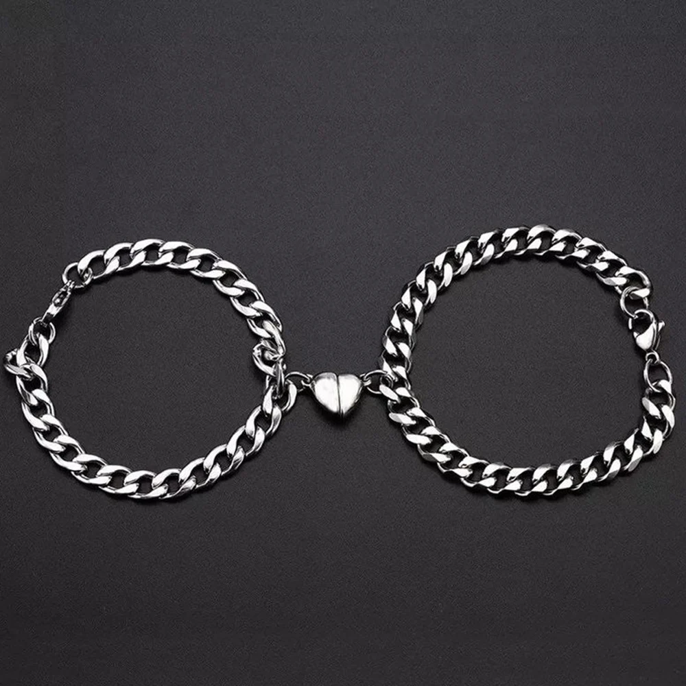 2 PCS Set Couple Magnetic Buckle Heart Charm Bracelet Design Creative Chain Style Valentine Day Magnet Attraction Bracelet image 4