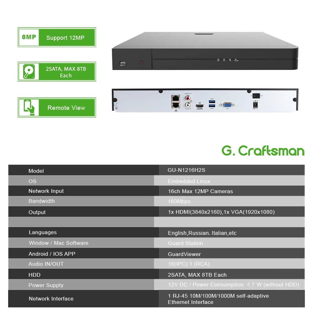 GU-N1216H2S Gcraftsman 16-Channel 12MP 4K 8MP NVR CCTV IP Security Camera UNV Protocol Guardviewer Guardstation H.265 Register