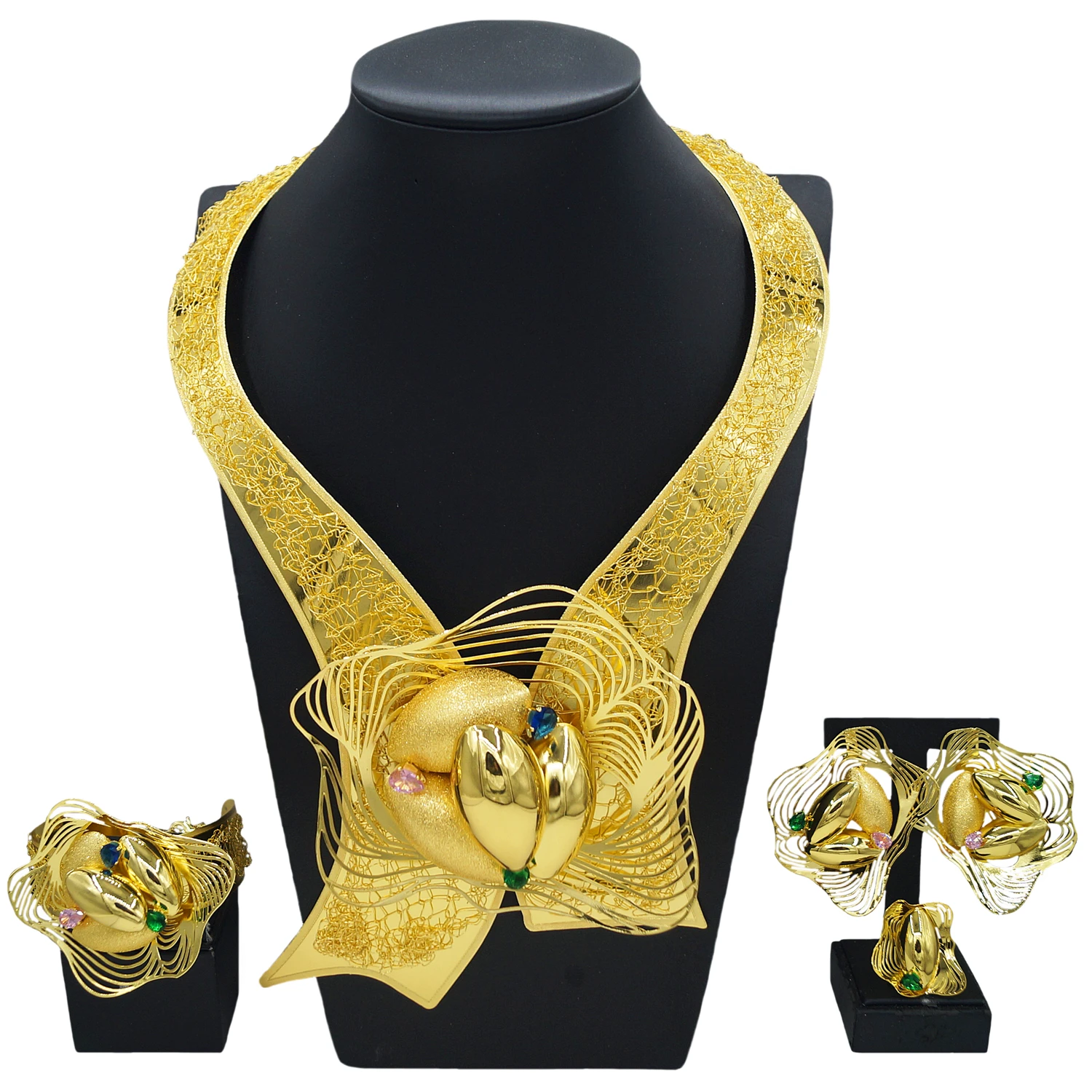 

New 2025 Trend Jewelry Set for Women 24k Gold Plated Earrings and Necklace with Bangle Ring 4Pcs Set for Anniversary Party Gifts