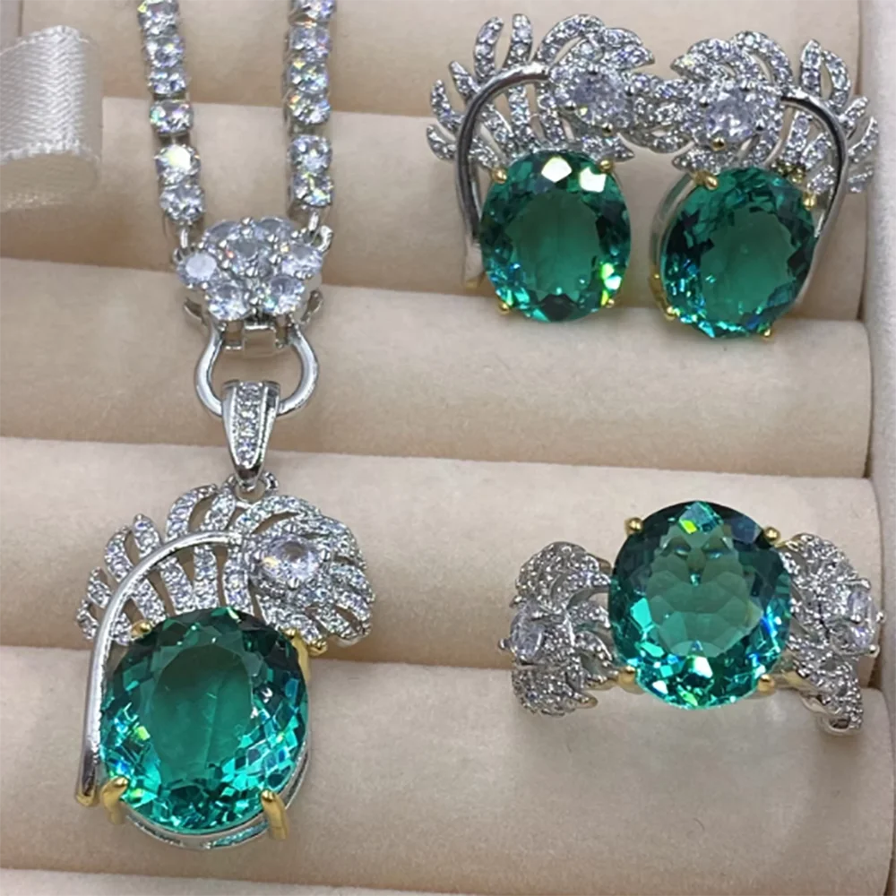 

New Emerald Shiny Zircon Bridal Jewelry Women Noble Vintage Oval Gemstone Ring Earring Necklace Sets