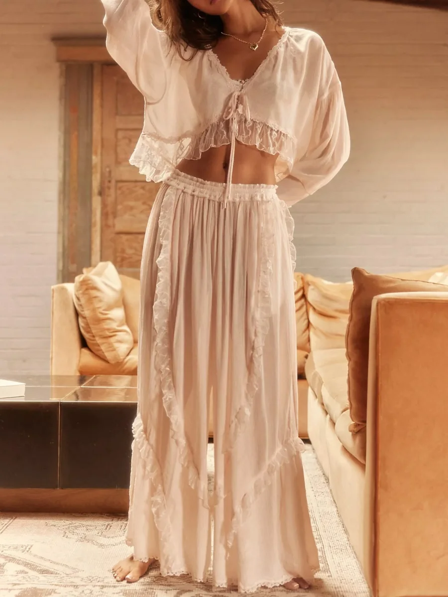 

Женский сексуальный пижамный комплект, кружевные комплекты из 2 предметов для отдыха, рубашки с длинными рукавами и широкие брюки, винтажные пижамные комплекты, одежда для сна