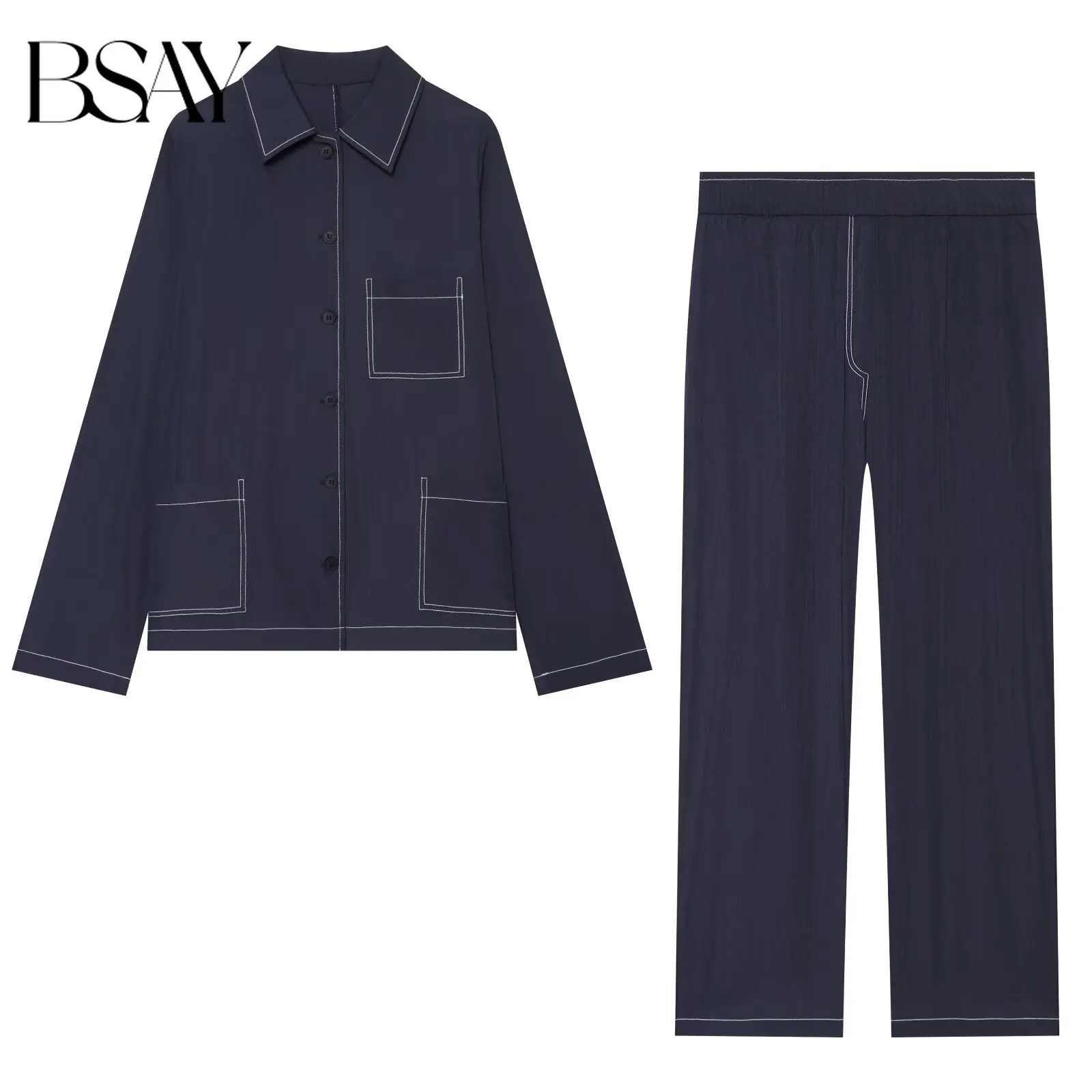 Conjunto de Ropa Coreana Estilo Casual para Mujer BSAY, Camisa de Manga Larga con Solapa y Costuras en Contraste, Pantalones Anchos Elásticos, Conjunto Holgado para Uso Diario