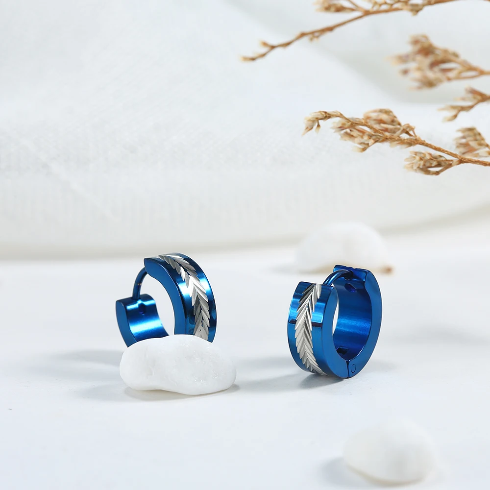 Hoop Earrings For Men Women Stainless Steel 2 Tone Huggie Earrings Mens Metallic Blue Western Style Jewelry Fashion Accessories