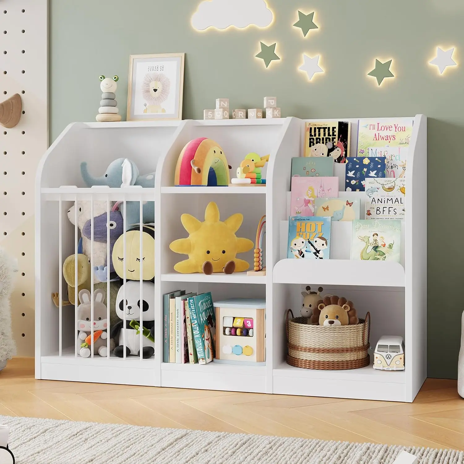 

Toy Storage Organizer with Bookshelf & Stuffed Animal Storage, Kids Montessori Low Cabinet with 4 Open Cubbies for, Customized