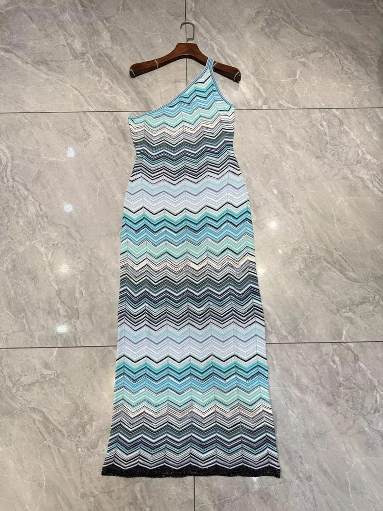 Vacation Style Geometric Wave Gradient Long Dress Sleeveless Slanted Neck Single Shoulder Dress Party Dinner Sparkling Evening