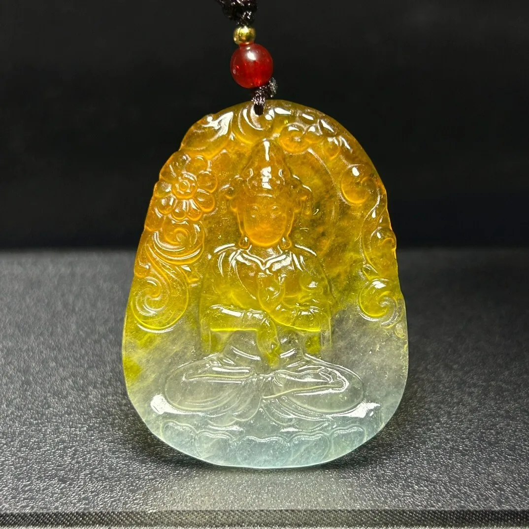 Natural Ice Yellow&White jade Jadeite Carved Guanyin Pendant&Necklaces