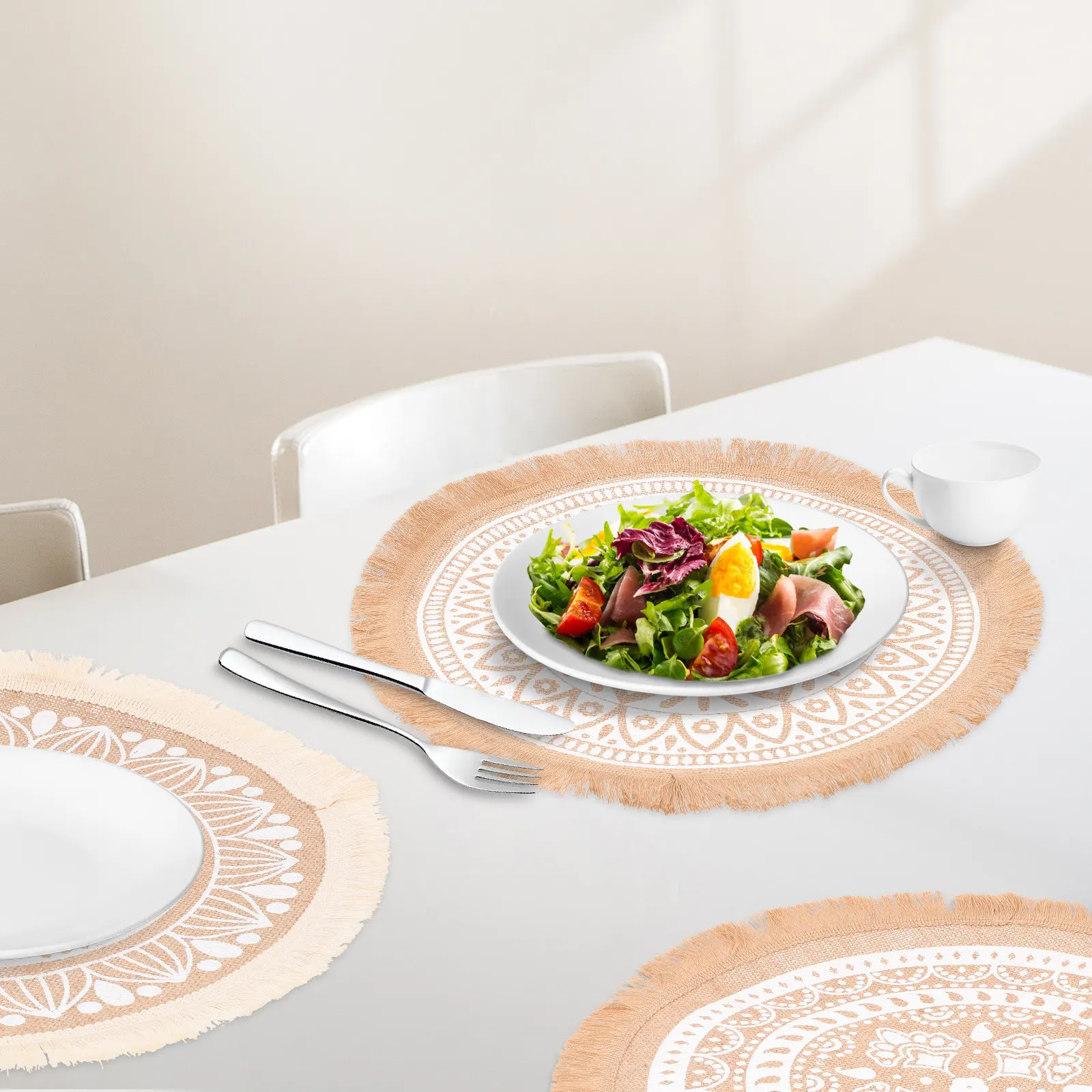 3Pcs Round Mandala Placemats with Tassel Design Woven Jute Table Mats for Dining Table Farmhouse Decor Cup Coasters