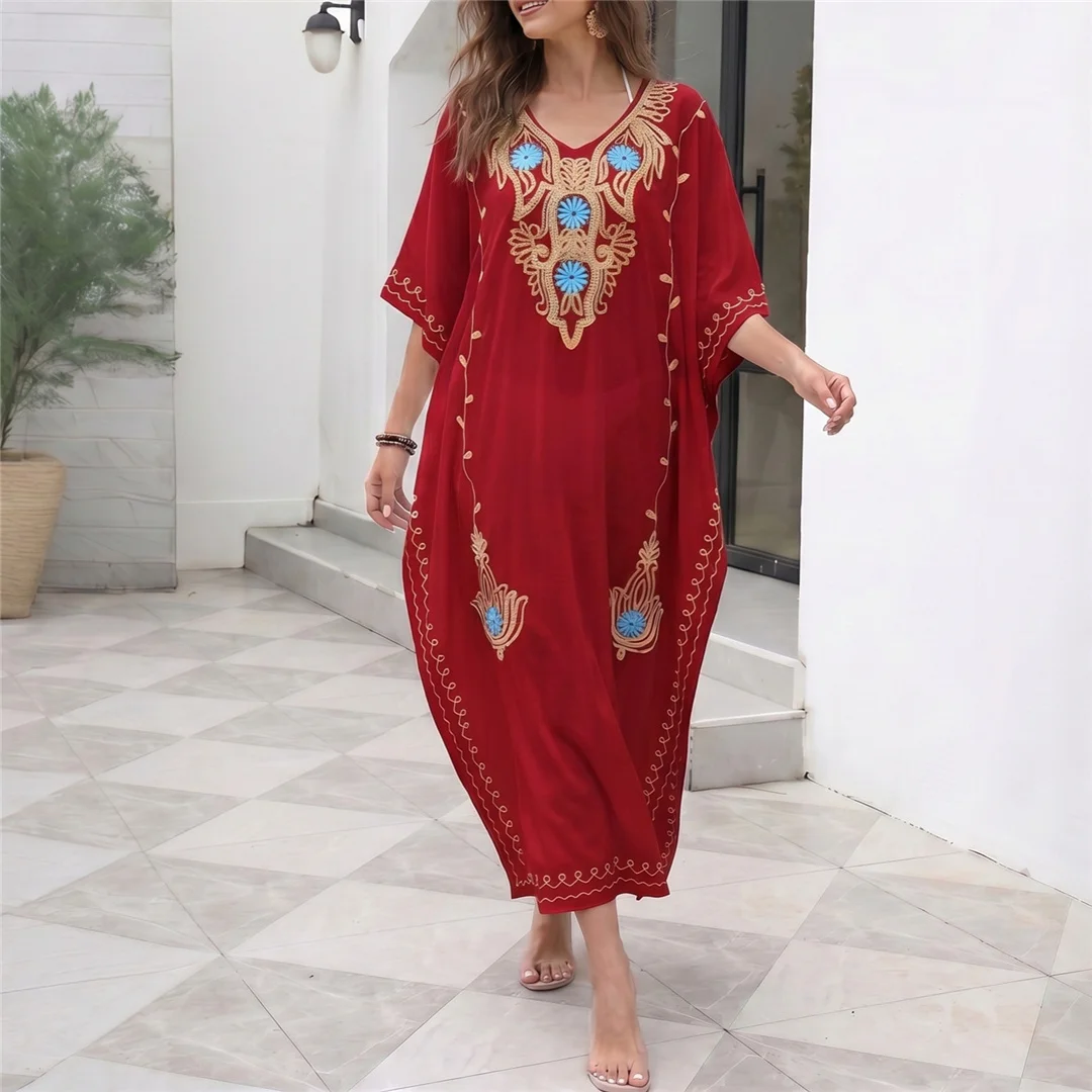 Bedrucktes Halbarm-Strickkleid mit V-Ausschnitt, Häkel-Strick-Tunika, Strand-Cover-Up, Strandkleid, Strandmode, Damen V8318 – Detail 10