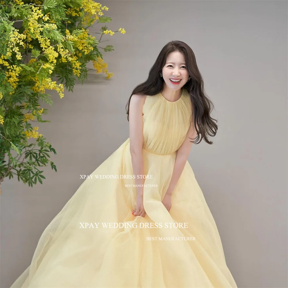 XPAY Fairy Tulle O Neck Yellow Korea Wedding Dresses A Line Sleeveless Backless Bridal Gown Customised Custom Size Bride Dress