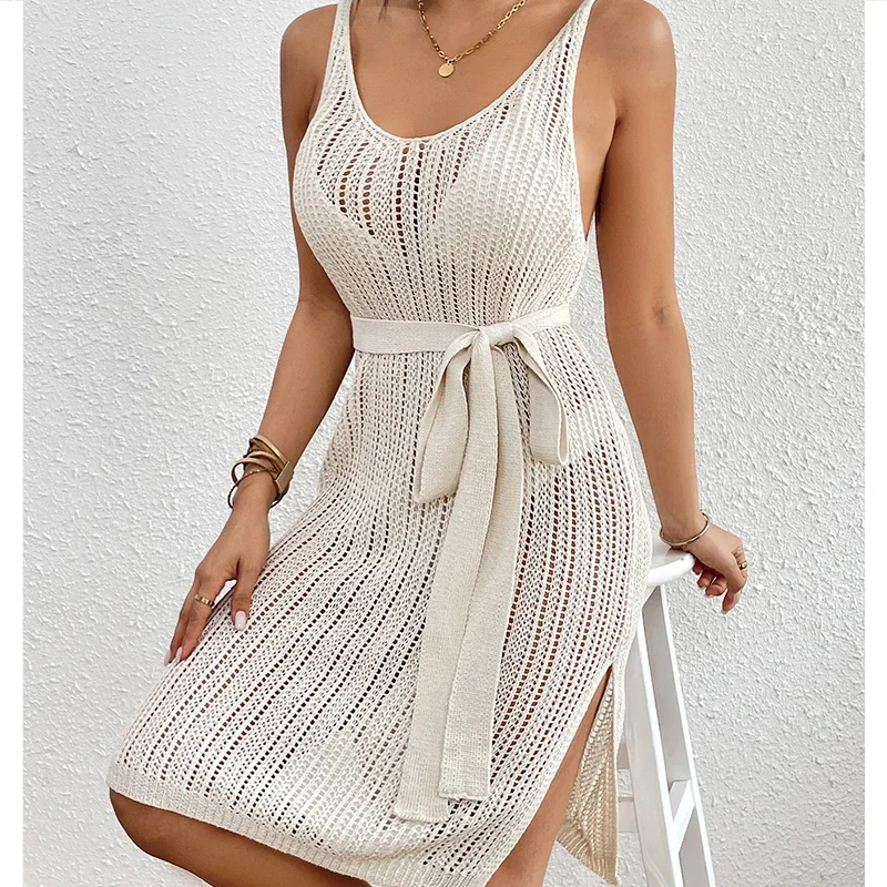 BWQ vestido de punto con abertura lateral para mujer, Túnica Sexy con encaje hueco, ropa de playa con cuello Halter, elegante textura, protector solar para playa