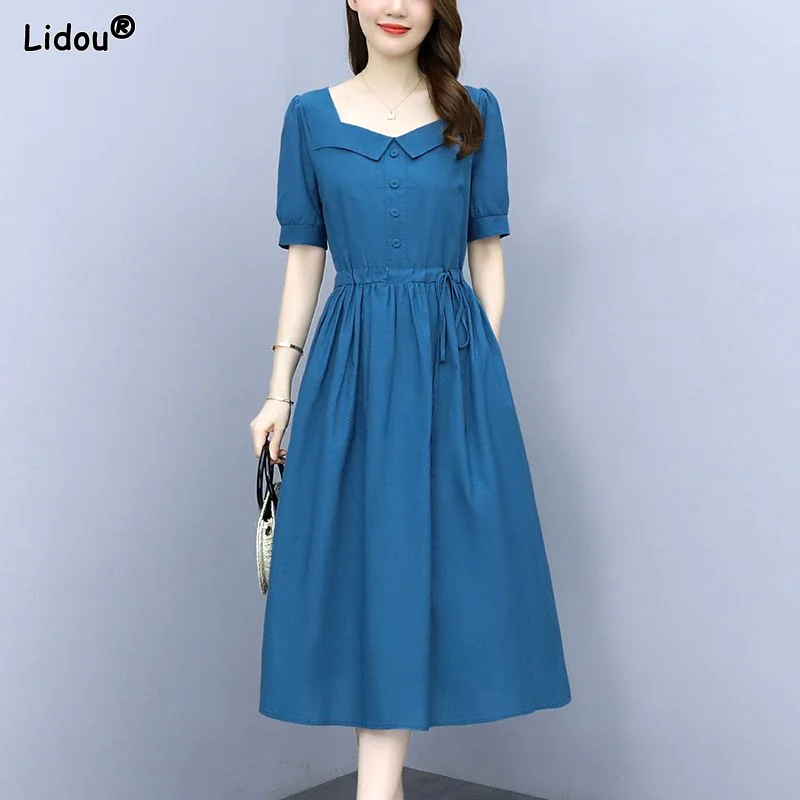 

Loose Oversized Solid Color Spring Thin Women's Clothing Square Collar Short Sleeve Lacing Pockets Casual Knee Skirts Dresses