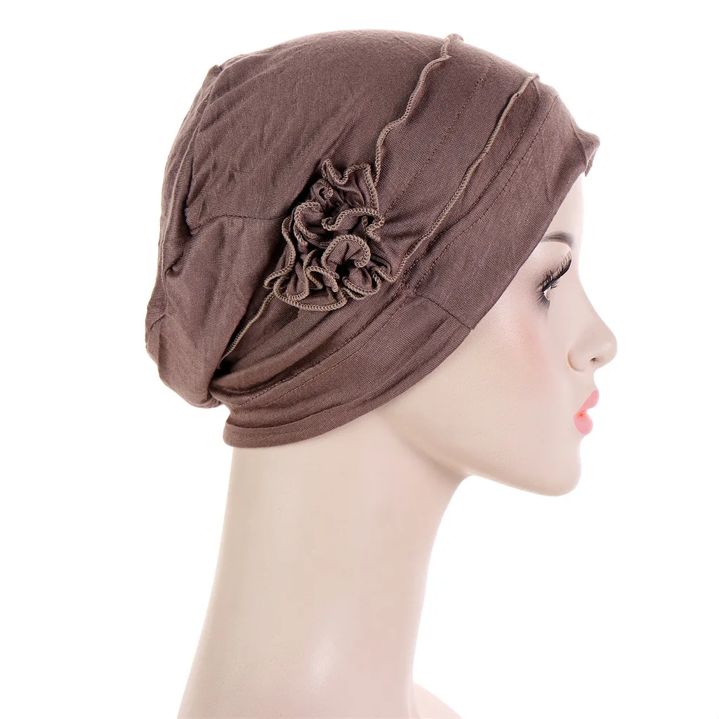 Classic Flowers Hijab Turban For Women Vintage Solid Color Pleated Head Wraps Elastic Head Scarf Casual Chemo Cap Ramadan Hats