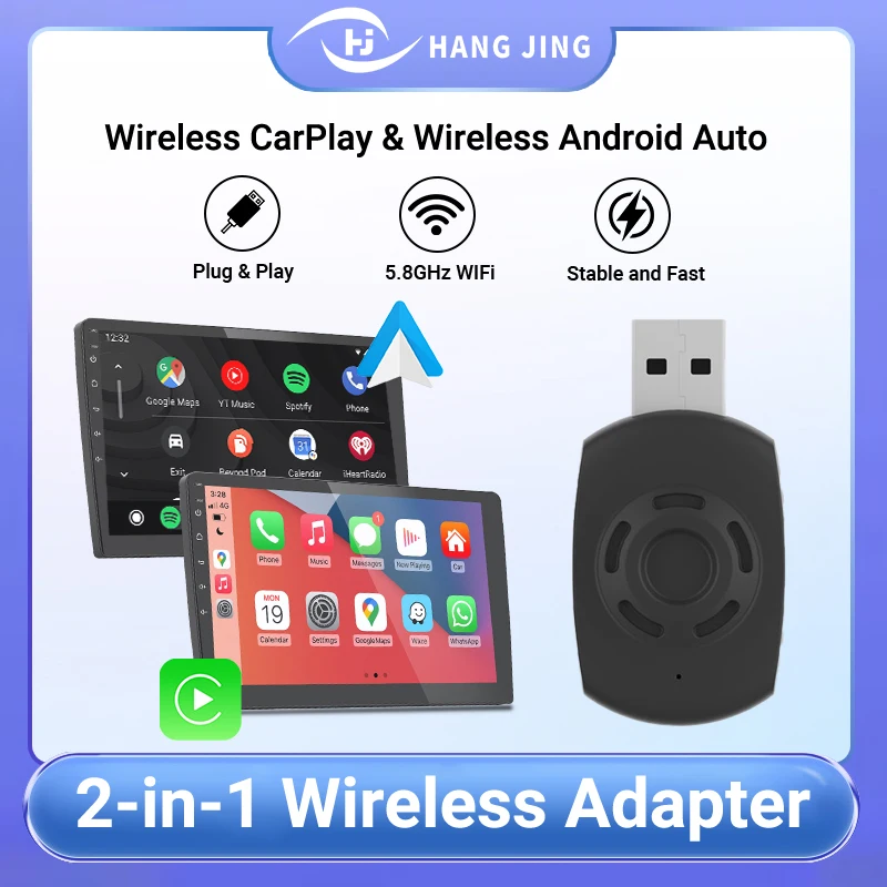 HANG JING Carplay اللاسلكي ومحول Android Auto Smart Dongle 2in1 وظيفة توصيل تلقائي التوصيل والتشغيل واجهة USB من النوع C