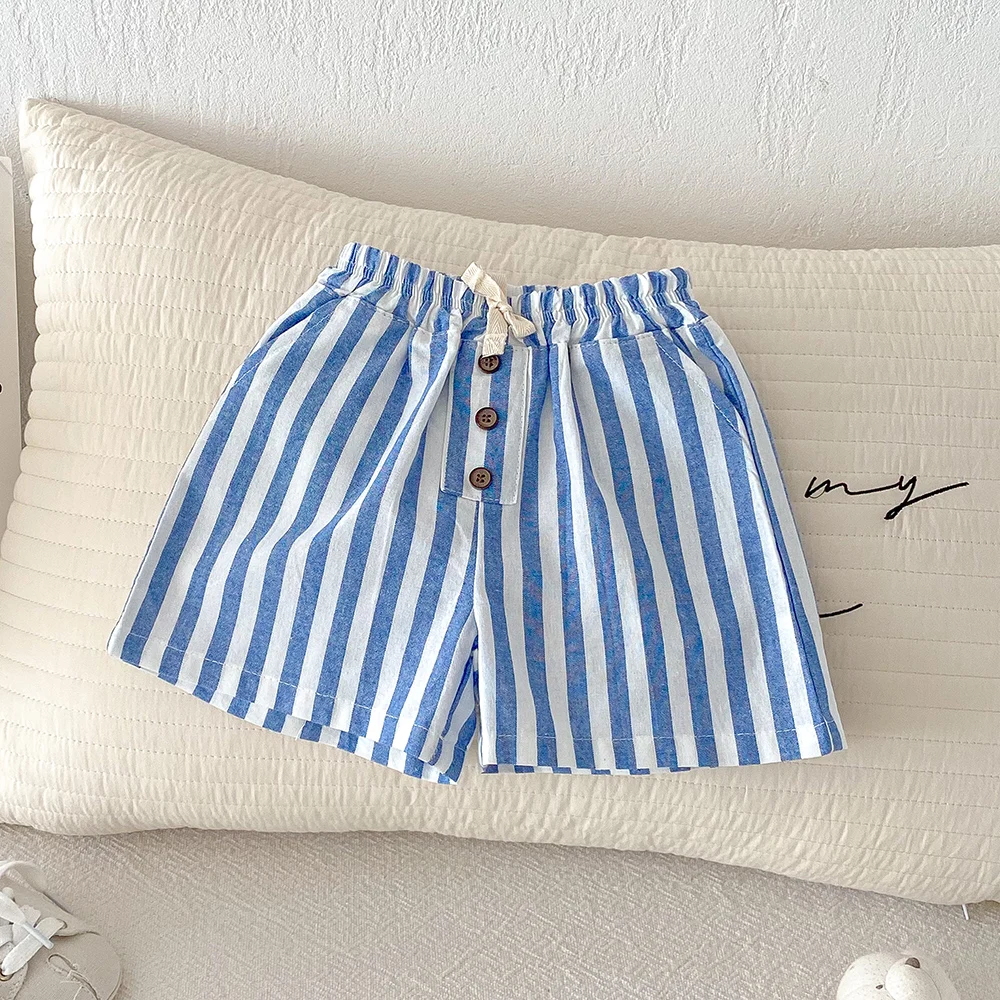 Sommerliche klassische Shorts für Jungen, gestreifte Shorts, elastische Taille, lässige Knöpfe, Taschen, kurze Babyhosen für Kleinkinder, Jungenkleidung – Detail 6