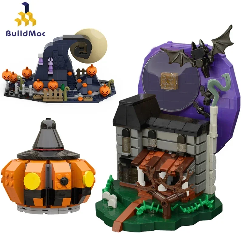 BuildMoc Halloween Nightmare Treat Haunted House Building Blocks Kit Pumpkin Ghost Town Trick Skeleton Hut Toys Christmas Gifts