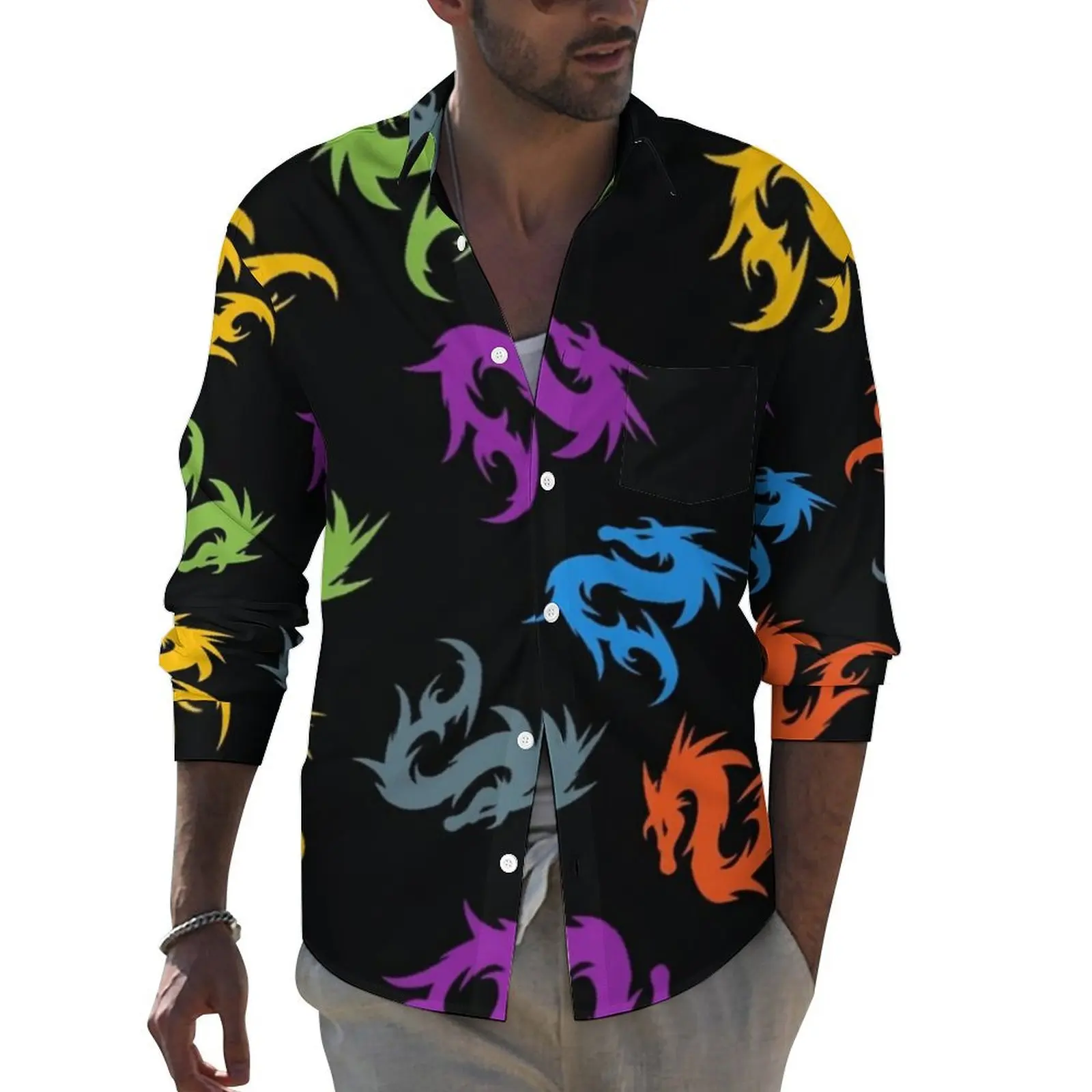 

Colorful Chinese Dragon Shirt Autumn Dragons Art Print Casual Shirts Men Cool Blouses Long Sleeve Graphic Street Top Plus Size