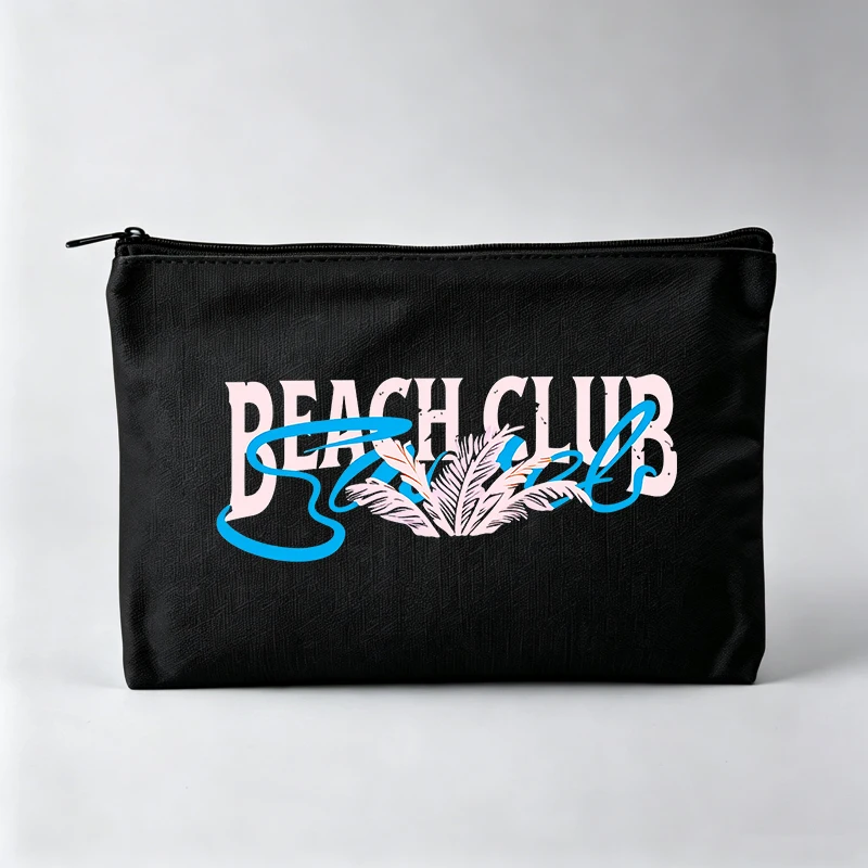 Women's Beach Club Typography Print Makeup Bag with Feather Design, Fashion Cosmetic Pouch for Daily Use
