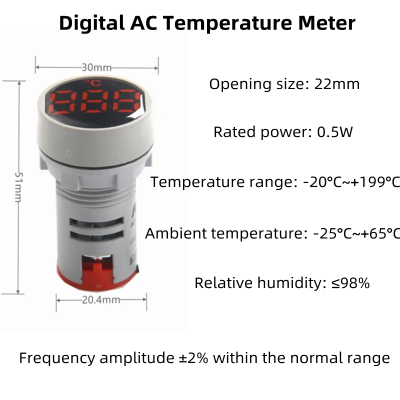 22mm Round Mini Digital Voltage and Current HZ Meter AC20-500V Voltage Test Meter Power Supply LED Indicator Test Light Display