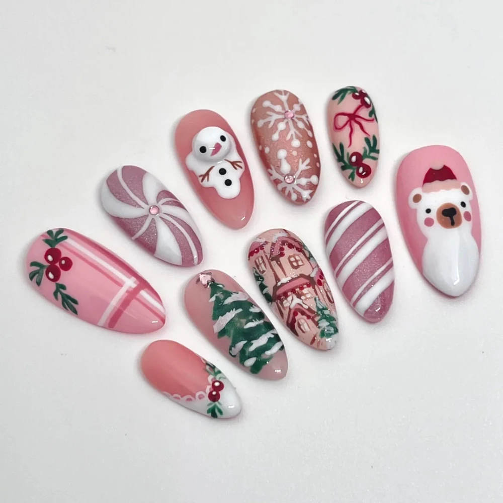 

10 Pcs Christmas Press On Nails Handmade Almond Fake Nails Painting Cute Snowmen Design False Nails Reusable Nails Set for Women
