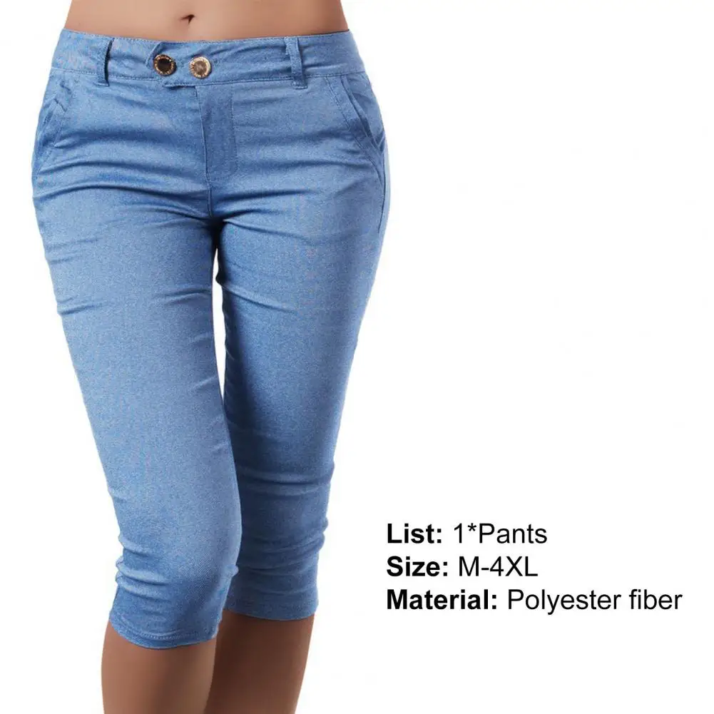 M-3XL Women Pencil Pants Solid Color Pocket Button Skinny Calf Length Summer Slim fitting Ladies Pants