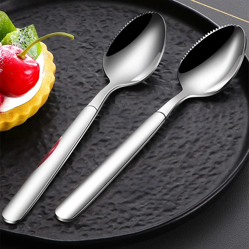 Stainless Steel Fruit Scraping Spoon Thicken Lengthen Melon Spoon Serrated Baby Food Supplement Spoon Kitchen Fruit Tools