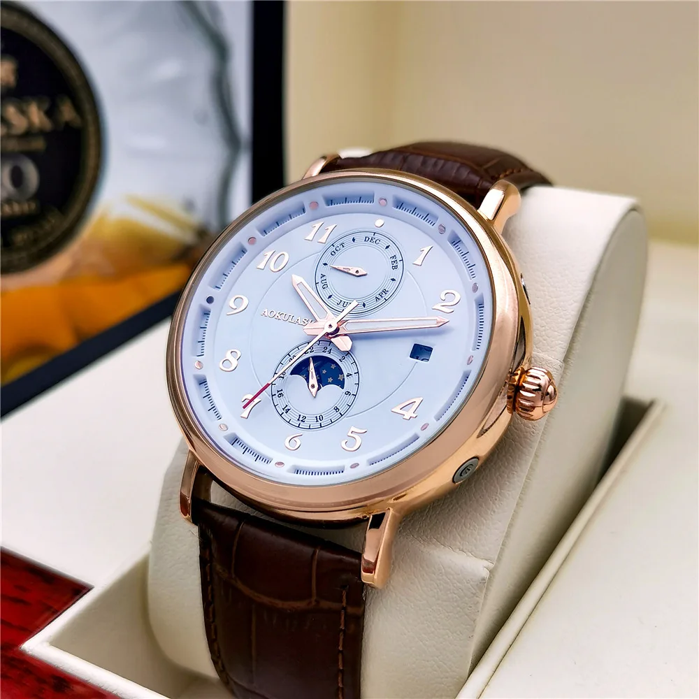 

Stainless Steel New Six-Hands Moonphase Date Skeleton Luminous Waterproof Tourbillon Genuine Leather Self-Wind Automatic