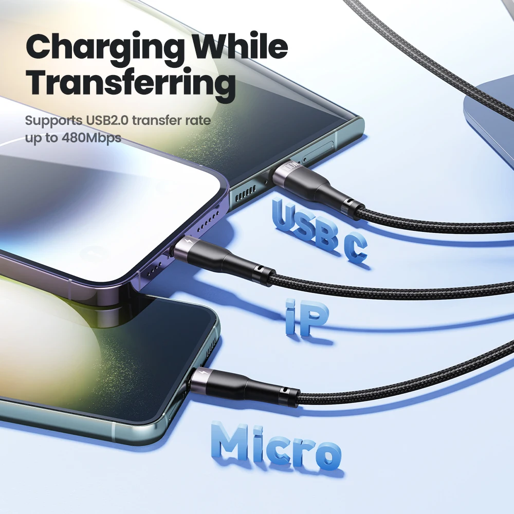 Toocki 6A 3-in-1 USB Type C Charger Wire for iPhone Android Type-C Mobile Phone Data Cord Cables USB Micro Fast Charging Cable