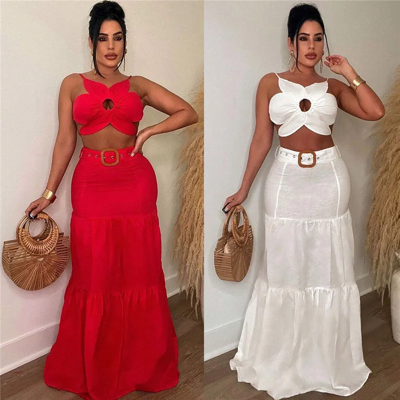 

Sexy Women Two Piece Set Summer Backless Lace Up Crop Top High Waist Pleated Long Skirts Summer Vacation Ladies Matching Suits