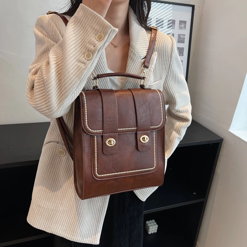 DIEHE New Vintage Large Woman Backpack High Quality PU Leather School Bags For Teenage Girls Fashion Ladies Double Shoulder Bags