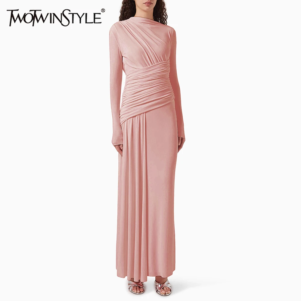 

TWOTWINSTYLE Solid Slimming Spliced Folds Irregular Dresses for Women Round Neck Long Sleeve Temperament Dress Female Clothing